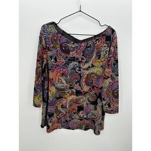 Only‎ Nine Woman Paisley Knit Top 1X Black Metallic 3/4 Sleeve Stretch